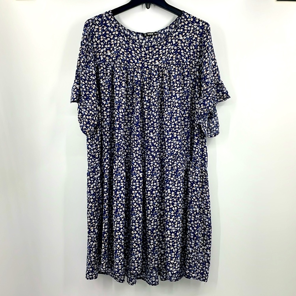 SHEIN Blue Micro Floral Tiered Boho Dress Size 3X
